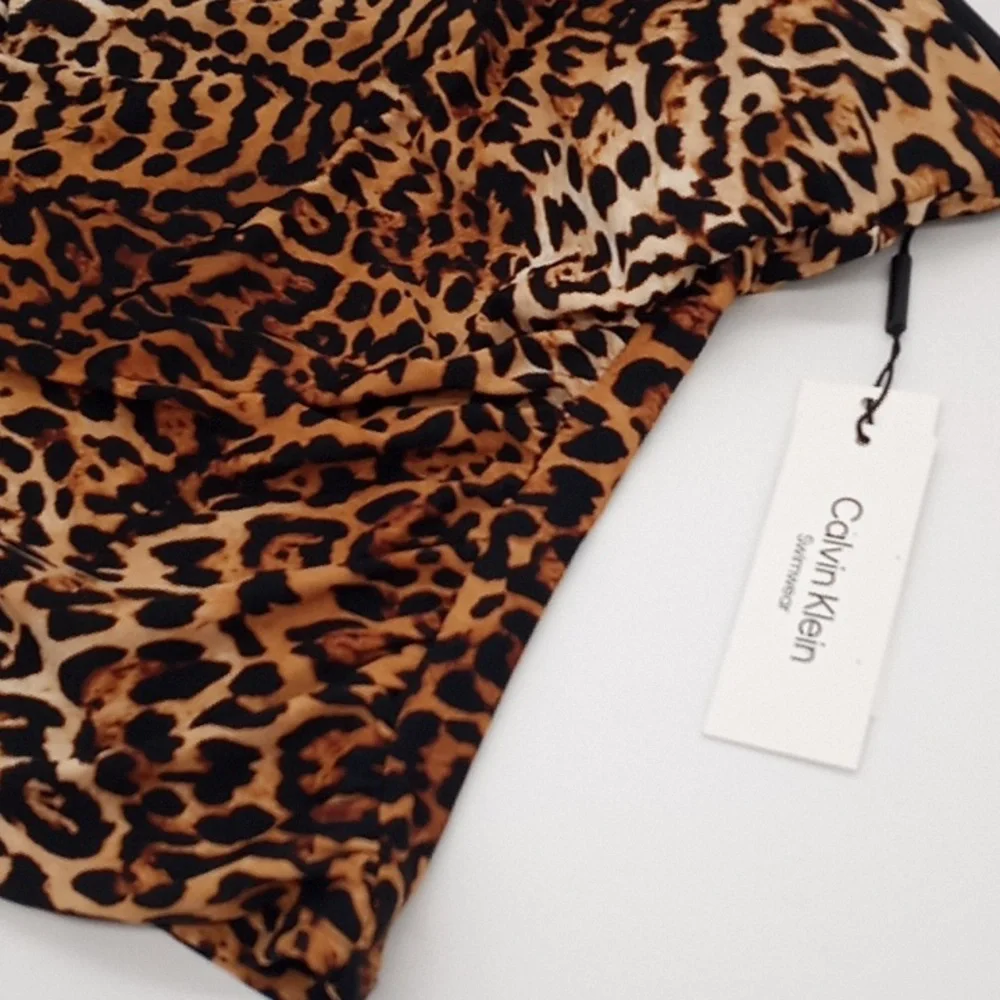 Calvin Klein Animal Print V-Wire‎ Bandeau Halter Tankini Swim Top Jaguar M